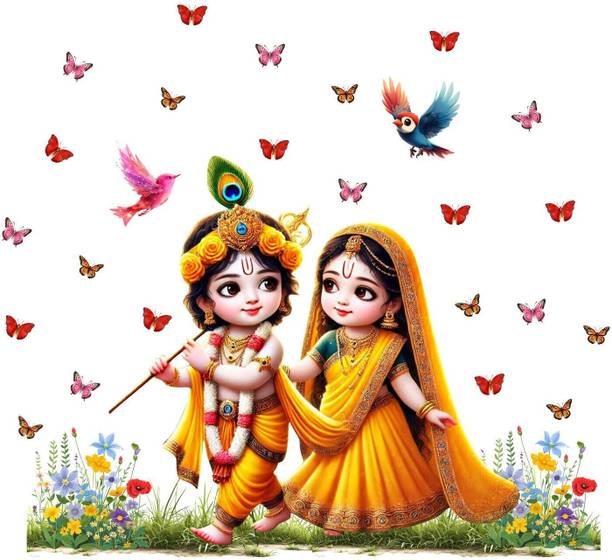 Hetshree Decor 51 cm Radha Krishna with Butterflies and birds Self Adhesive Sticker