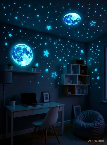 jayp enterprises 30 cm Galaxy of Stars with Decorative Moon Radium Night Glow wall stickers kids Gift Glow in the Dark Sticker