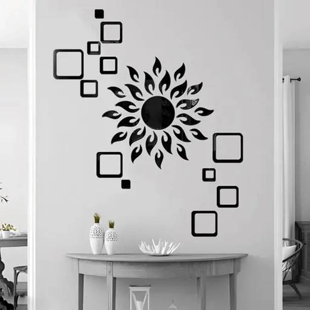 wall1ders 60 cm Sun Golden With 12 Square Black Self Adhesive Sticker