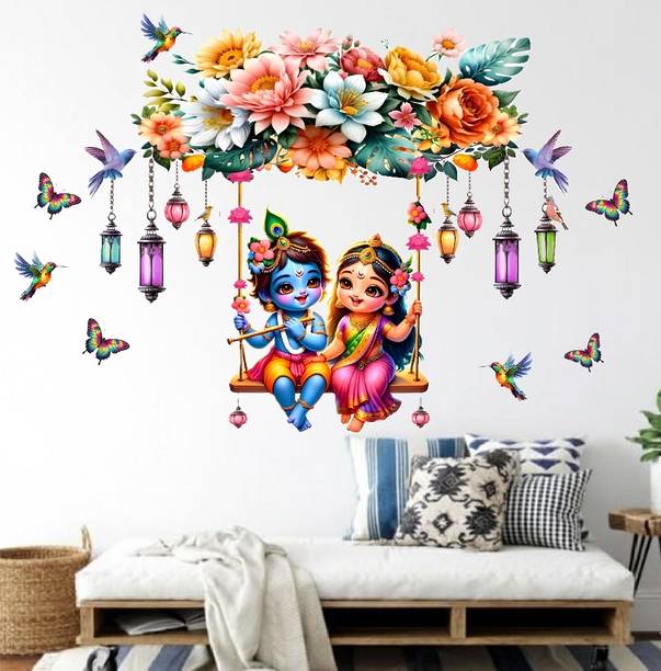 HBSS 80 cm Cute Little Radha Krishna on a Swing Wall Sticker home decor PVC vinyl. Self Adhesive Sticker