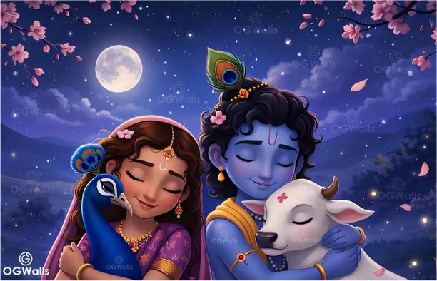OGWalls 71 cm Radha Krishna Peacock Vinyl Wall Sticker For Bedroom,Mandir,Living Room Self Adhesive Sticker