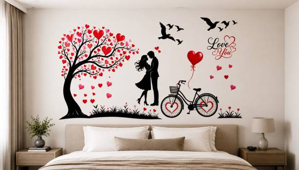 RadhaCreations 42 inch Romantic Love Tree Couple Wall Sticker for Bedroom Living Room Home Decor Self Adhesive Sticker