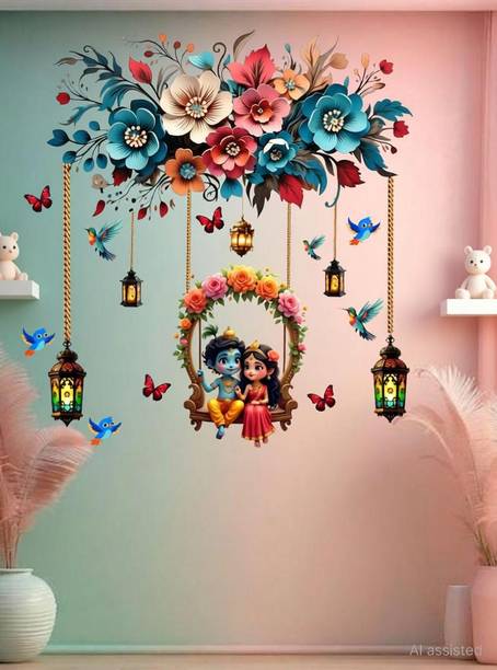 JNM ENTERPRISES 70 cm Radha Krishna Swing Floral Wall Sticker Self Adhesive Sticker