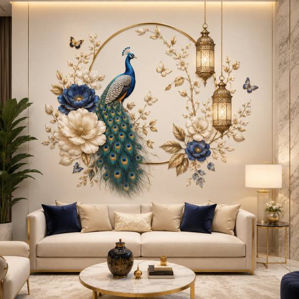 SatnamEncase 30 inch Royal Peacock Gold Floral Wall Sticker Self Adhesive Sticker