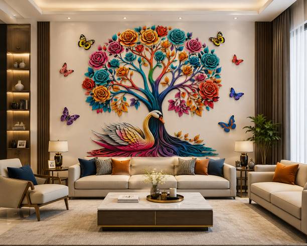Divine studio 91 cm Beautiful Swan with Tree & butterfl Wall Sticker ( 47 cm x 46 cm) Self Adhesive Sticker