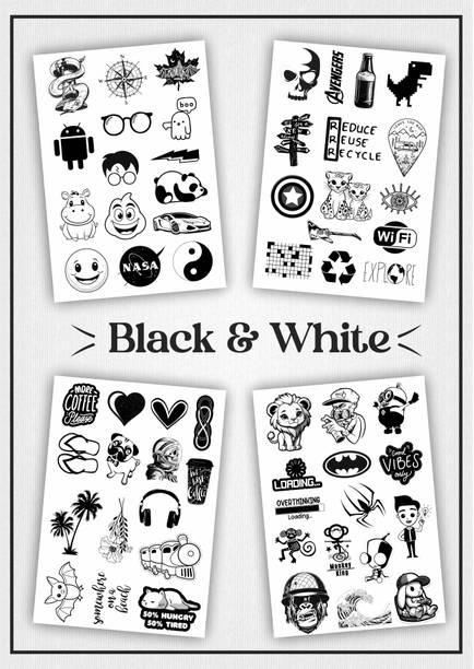 PRINTING DADDY 24 cm Cute Aesthetic Black & White Stickers Set of 60 for Notebook, Laptop, Mobile Self Adhesive Sticker