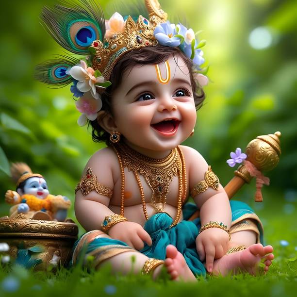 Housecreation 40 cm Little Baby Krishna Wall Poster For Pooja Room, Living Room, Kids Room Self Adhesive Sticker