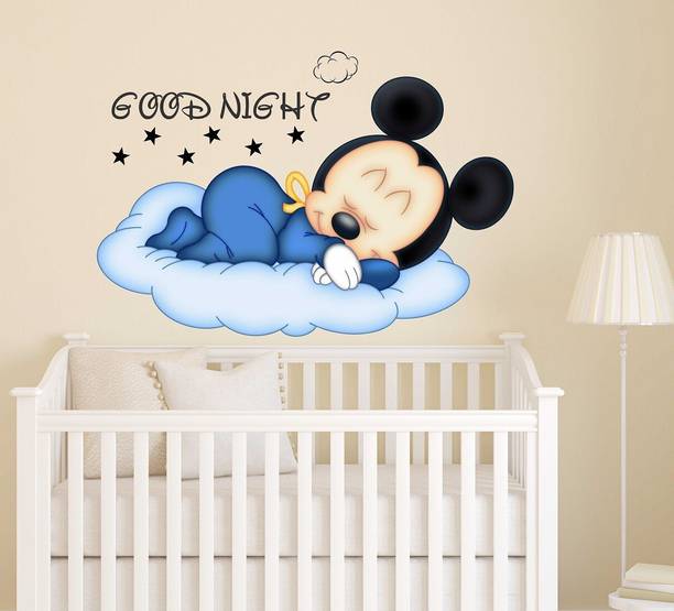 Wallme 60 cm Mickey Mouse Sleep Multicolor PVC Vinyl Medium Wallsticker (60CM x 45CM) Medium Self Adhesive Sticker