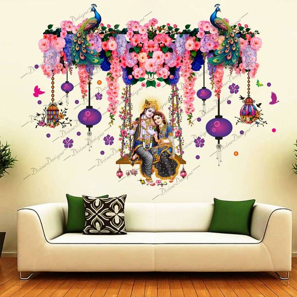 DivineDesigns 61 cm Radha Krishna Flowers Jhoomars Sticker Self Adhesive Sticker