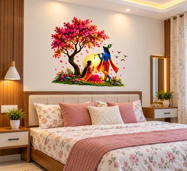 WallAura 91 inch Radha Krishna Floral Wall Sticker Self Adhesive Sticker