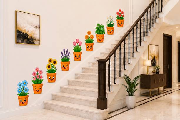RITESHAV CREATIONS 60 inch Cute Cartoon Flower Pot Wall Stickers for Hall, Rooms Set of 9) Self Adhesive Sticker
