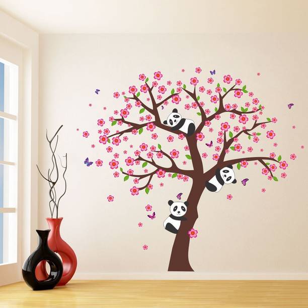 VCREATE DECOR 76 cm Tree with panda wall sticker Self Adhesive Sticker