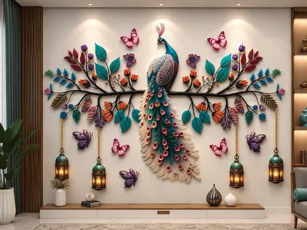 KgnDesigns 40 inch Colourful Peacock Wall Art Decal with Hanging Lanterns Decorative Wall Sticker Self Adhesive Sticker
