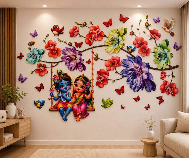 Divine studio 88.9 cm Radha Krishna on Floral Swing Wall Sticker Living Room Wall: 35 x 22 inch Self Adhesive Sticker