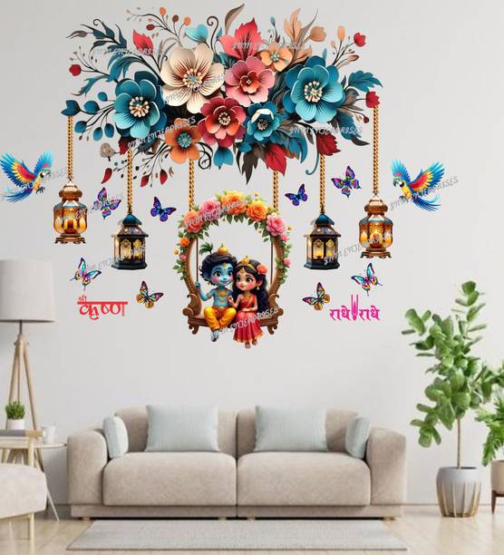 JNM ENTERPRISES 70 cm Radha Krishna Swing Floral Wall Sticker Self Adhesive Sticker