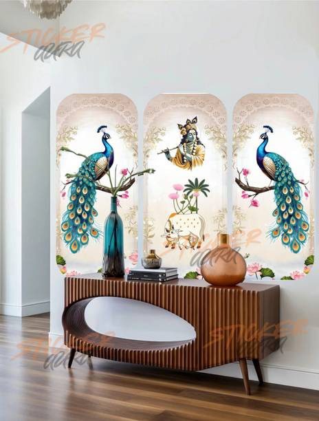 STICKERAURA 24 inch Krishna Peacock Wall Sticker | Radha Krishna Wall Decor | Hindu Home Decoration Self Adhesive Sticker