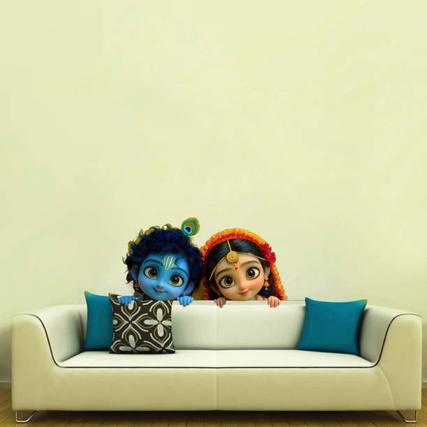 STICKSTAR 55 cm Krishna and Radha Peeking Wall Sticker Self Adhesive Sticker