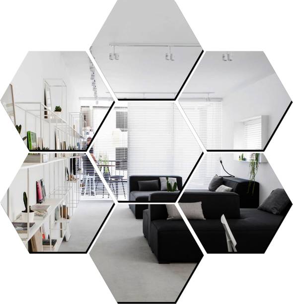 wall1ders 12 cm Hexagon Silver mirror stickers for wall, acrylic mirror wall décor Self Adhesive Sticker