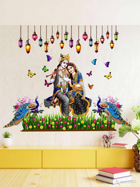 DivineDesigns 72 cm Radha Krishna Butterfly Peacock Wall Sticker Self Adhesive Sticker