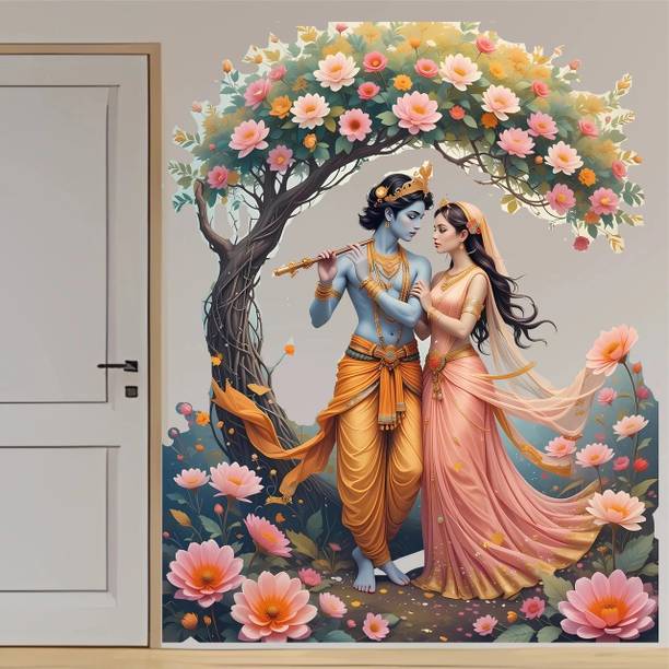 TheBlackstone 26 inch Radha Krishna Floral Arch Wall Sticker Self Adhesive Sticker