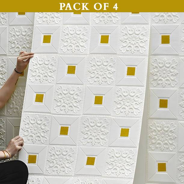 Onbet 70 cm 3D Decorative Foam White With Gold Wallpaper (70X70 CM) Self Adhesive Sticker