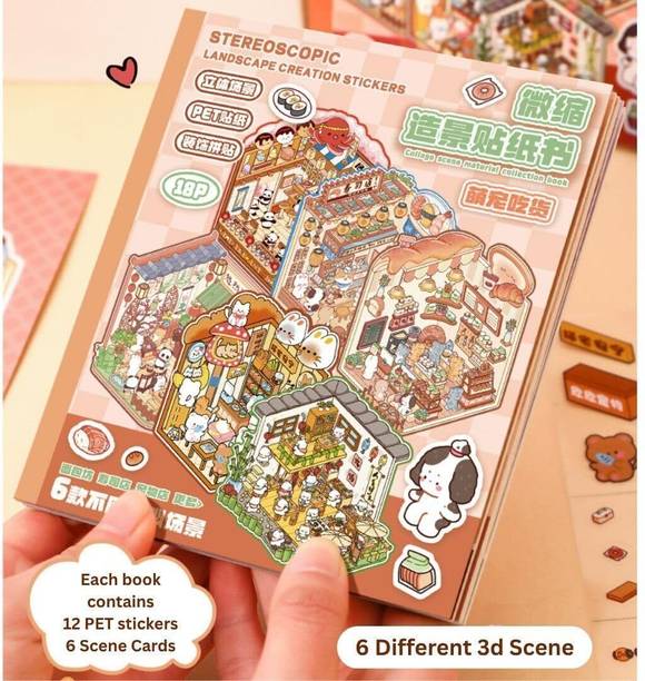 NOKA 5 inch 3D Cartoon Sticker Activity Book - 6 Scene Cards & 12 PET Sticker Sheets kids Self Adhesive Sticker