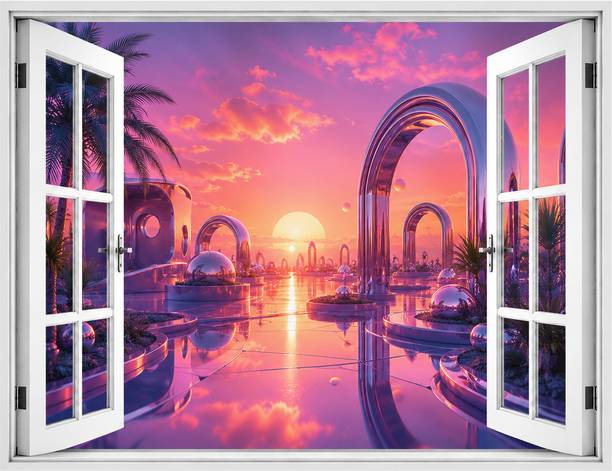 DreamKraft 24 inch Futuristic Sunset City Window Illusion Wall Sticker 24 x 18 Inch Self Adhesive Sticker
