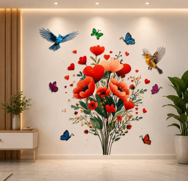 Divine studio 55 cm Flower Bouquet With Butterflies and Floral Birds Wall sticker-55x56 Self Adhesive Sticker