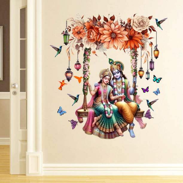 RUDRADECOR 46 cm Radha krishna swing wall sticker for living room bedroom kids room Self Adhesive Sticker
