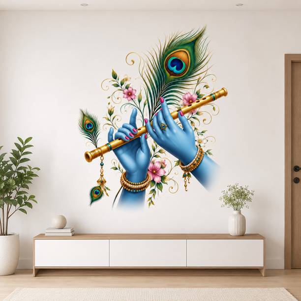 ABDESIGN 60 cm Lord Krishna Flute Hands Wall Sticker with Peacock Feather & Floral Design Self Adhesive Sticker