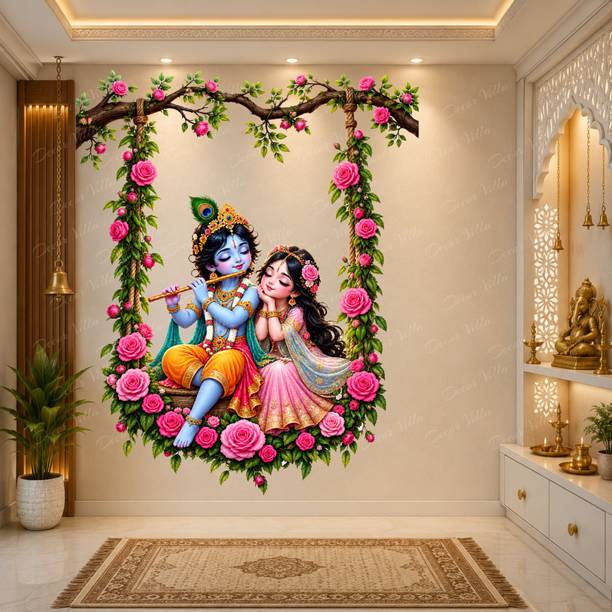 Decor Villa 73 cm Cute Little Radha Krishna Butterflies Flowers Wall Sticker Self Adhesive Removable Sticker