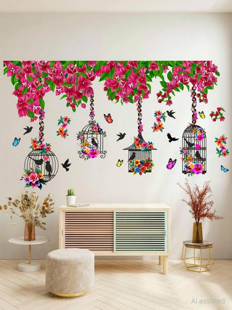 WallHunt 81 cm Colorful Branch Flowers Cages For Decor wall stickers big size Home Living Room Self Adhesive Sticker