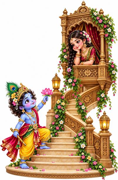 Reface Wall 60 cm Radha Krishna Wooden Staircase Wall Sticker Self Adhesive Sticker