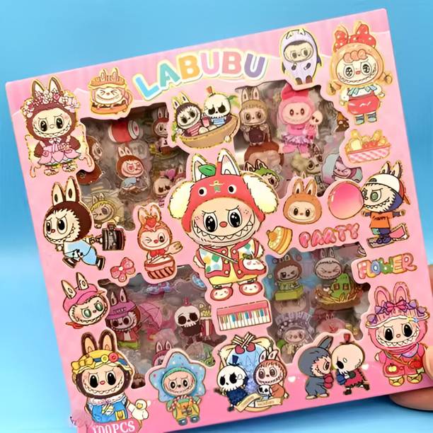 HS ENTERPRISE 25 cm Labubu Cartoon Sticker Set – 100 Pcs Waterproof Stickers, Random Designs Sent Reusable Sticker