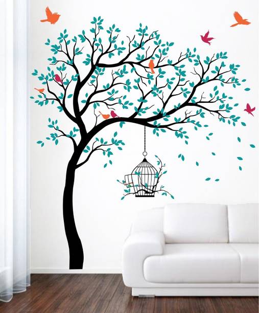 rawpockets 200 cm Blue Tree with Birds and Cage Self Adhesive Sticker