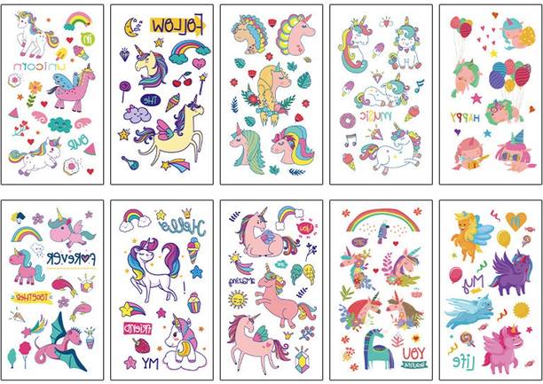 HASTHIP 10 cm Unicorn Temporary Tattoos for Kids 10 Sheets Cartoon Favors Princess Stickers Removable Sticker