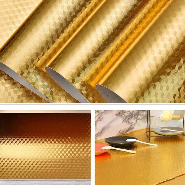 CRIYALE 228.6 cm Kitchen Oil-Proof Aluminium Foil Sticker, Waterproof Wallpaper, Aluminium Foil Sticker For Walls Cabinets, Drawers And Shelves Sticker, Golden Foil Paper For Home And Office (60*200 cm) (pack of 1) Self Adhesive Sticker