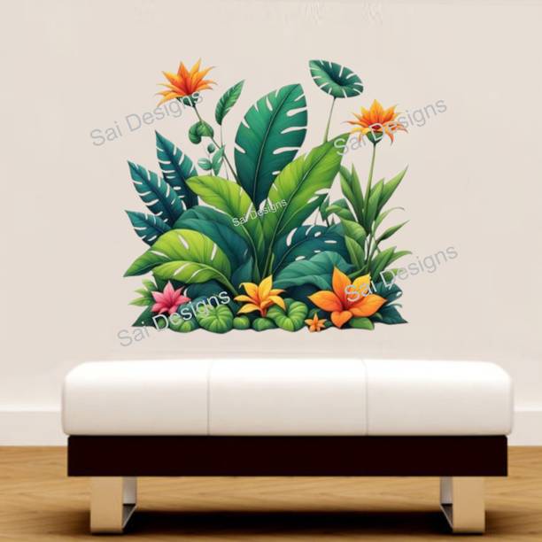 SR GIFT STORE VVKK 50 cm Tropical jungle plants green flowers Wall Stickers. Self Adhesive Sticker