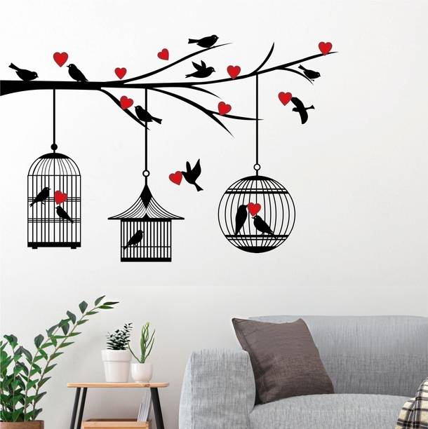 rawpockets 65 cm Black And Red Tree And Birds Cage With Heart Self Adhesive Sticker