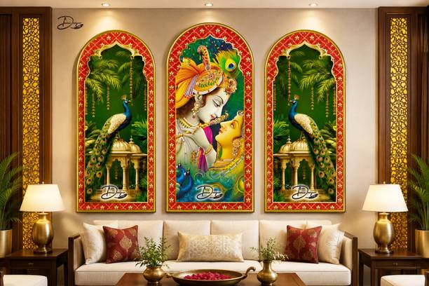 DivineDesigns 96 cm Radha Krishna with Peacock Devotional Wall Art For Living Room, without Frame Self Adhesive Sticker