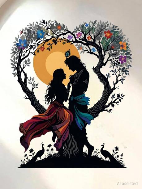 Riditcreation 70 cm Radha Krishna Wall Sticker with Tree & Moon Design – Large Size PVC Vinyl Self Adhesive Sticker