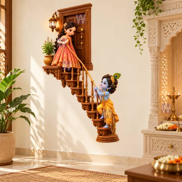 WallHunt 76 cm Cute Radha Bal Krishna Wooden Stair Wall Stickers For Pooja,Kids,Living Bed Room Self Adhesive Sticker