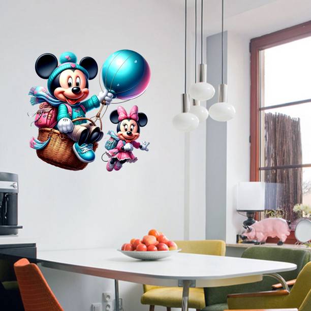 Krishna Sticker 45 cm Mickey Mouse and Minnie Mouse flying in parachute wall sticker Self Adhesive Sticker