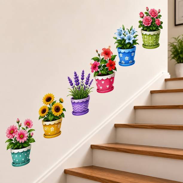 ABDESIGN 90 cm Colorful Flower Pot Stair Wall Sticker | 6-Piece Floral Plant Wall Decal Self Adhesive Sticker
