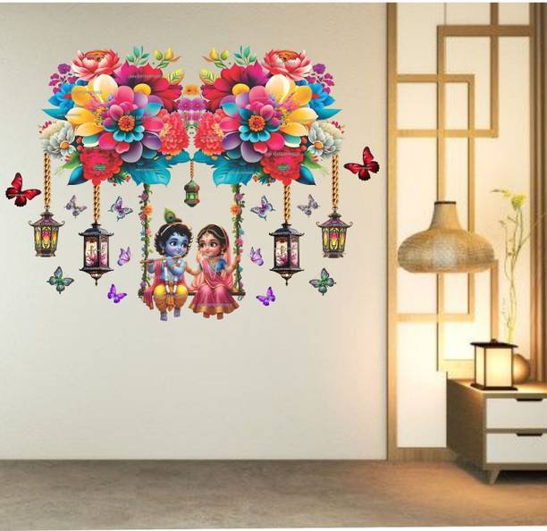 TheBlackstone 77 cm 77 cm Radha Krishna Swing Floral Wall Sticker Self Adhesive Sticker (Pack of 1) Self Adhesive Sticker