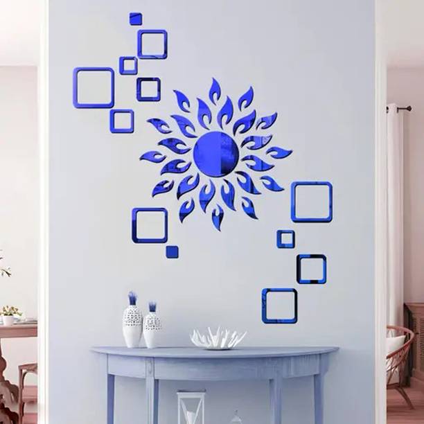 wall1ders 60 cm Sun Blue With 12 Square Blue Self Adhesive Sticker