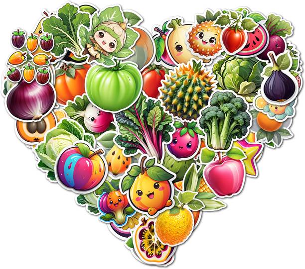 CraftDecor 4.72 cm Kawaii Cute Food Vegetable & Fruit Vinyl Sticker Collection Reusable Sticker