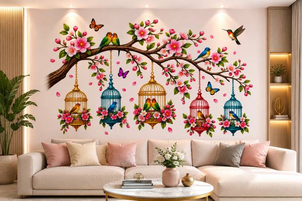 wildartcreation 63 cm Floral Bird Cage Tree Wall Sticker 63.68 x 41.70 CM Self Adhesive Sticker