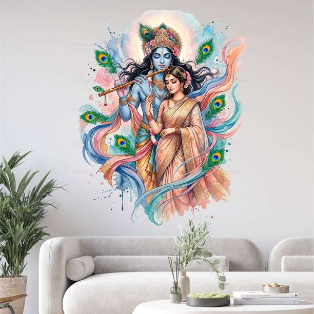 OGWalls 50 cm Radha Krishna feather Wall Sticker Big Size Wall Home Decoration Wall Decal Self Adhesive Sticker