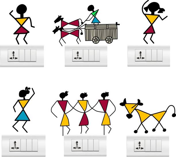 rawpockets 40 cm Tribal Warli Art Switchboard Sticker Set Self Adhesive Sticker